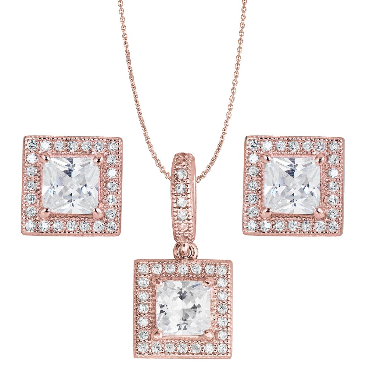 Sterling Silver Rose Princess Cut Halo Necklace & Earring Set