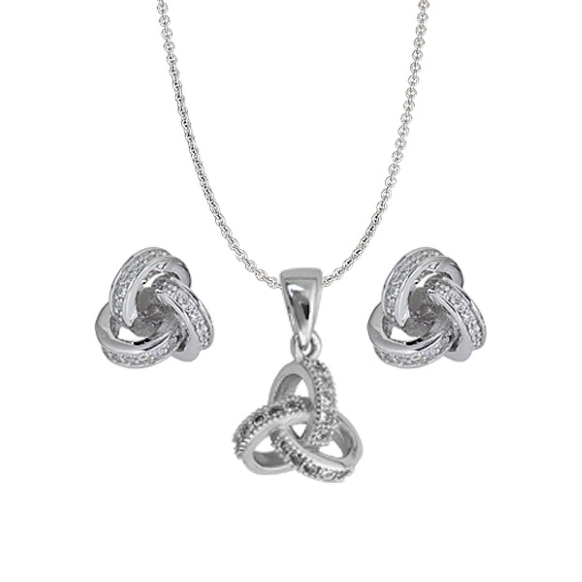 Sterling Silver Rhodium 9mm Pave Love Knot Pendant & Earring Set