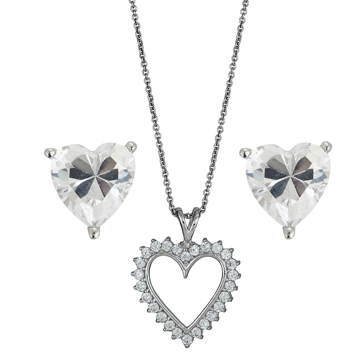 Sterling Silver Rhodium Heart Necklace & Earring Set