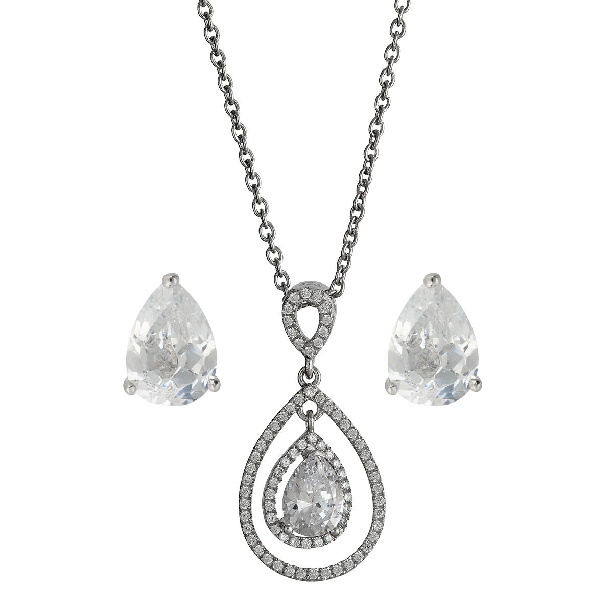 Sterling Silver Rhodium Pear Necklace & Earring Set