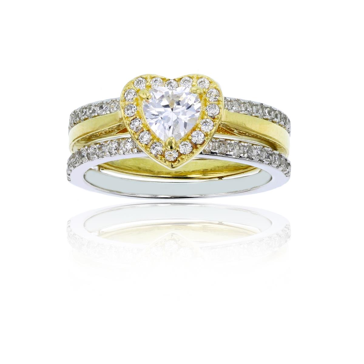Sterling Silver Two-Tone Heart Halo Engagement Ring with CZ Insert