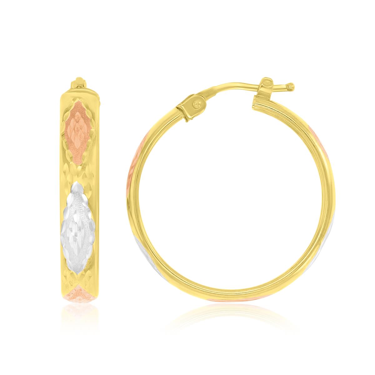 14K Gold Tricolor 4x20MM DC Diamond Design Hoop Earrings