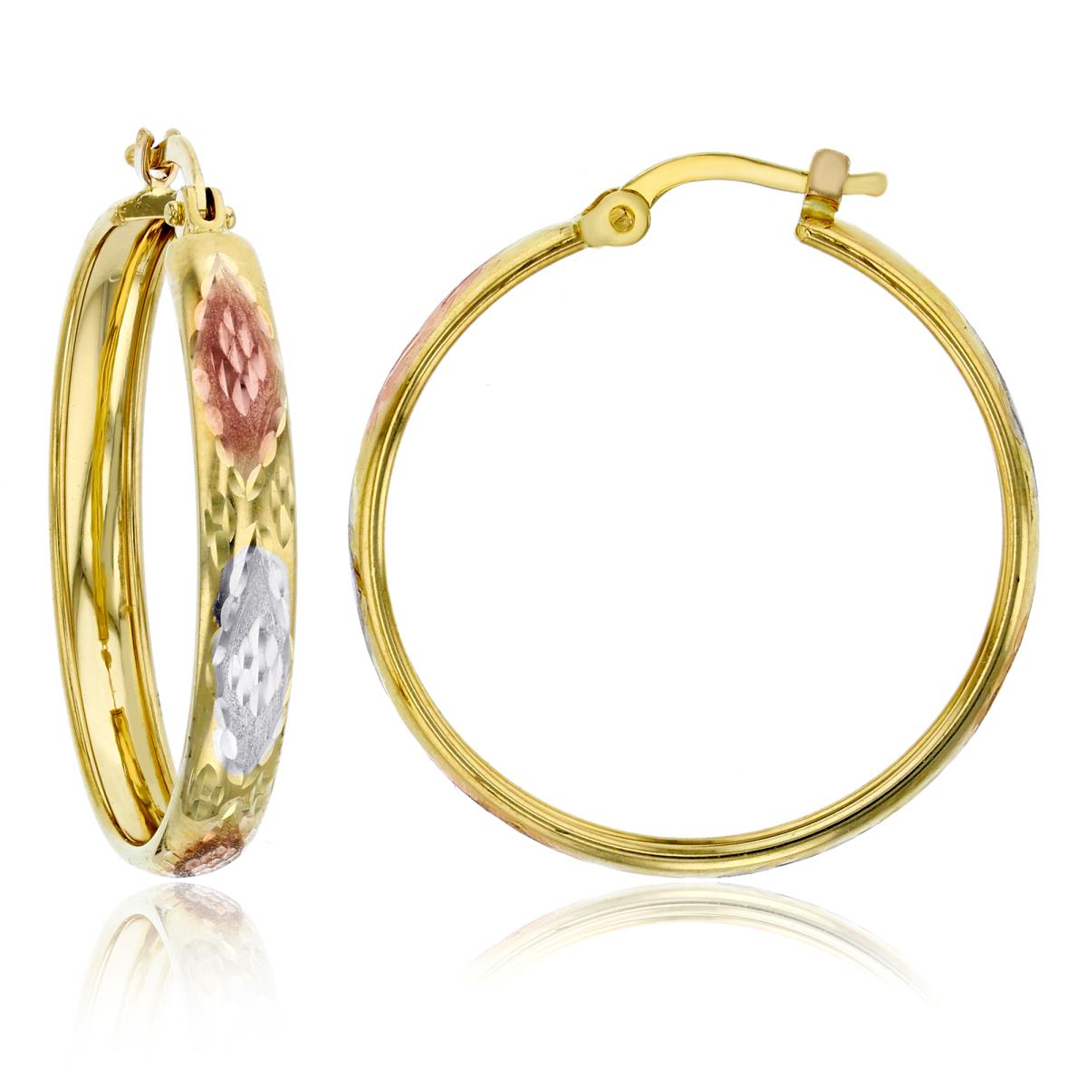 14K Gold Tricolor 4x25MM DC Diamond Design Hoop Earrings