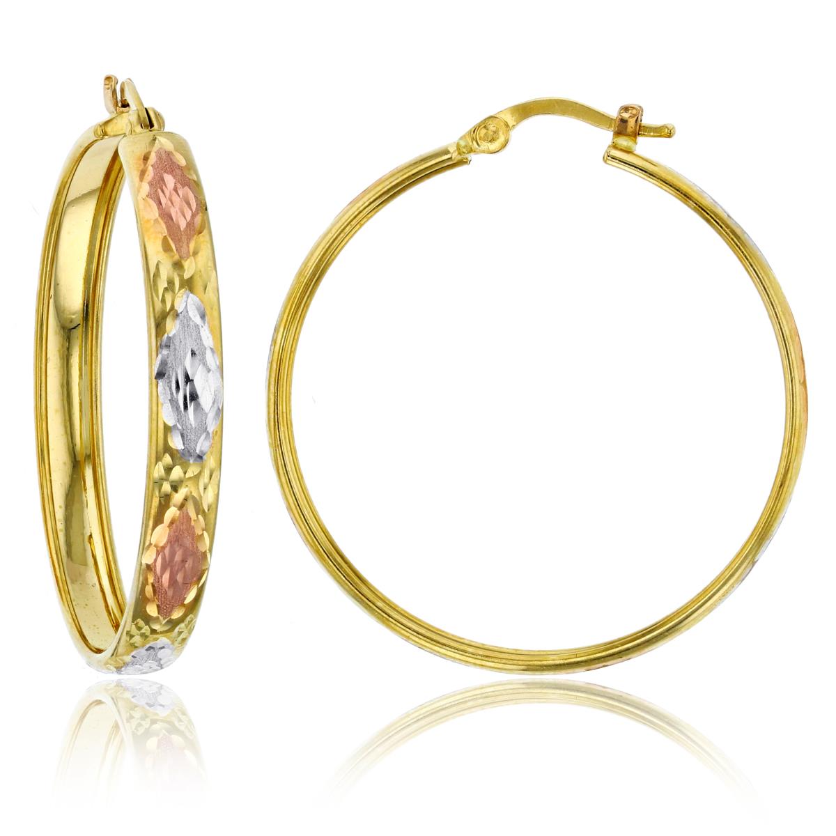 14K Gold Tricolor 4x30MM DC Diamond Design Hoop Earrings