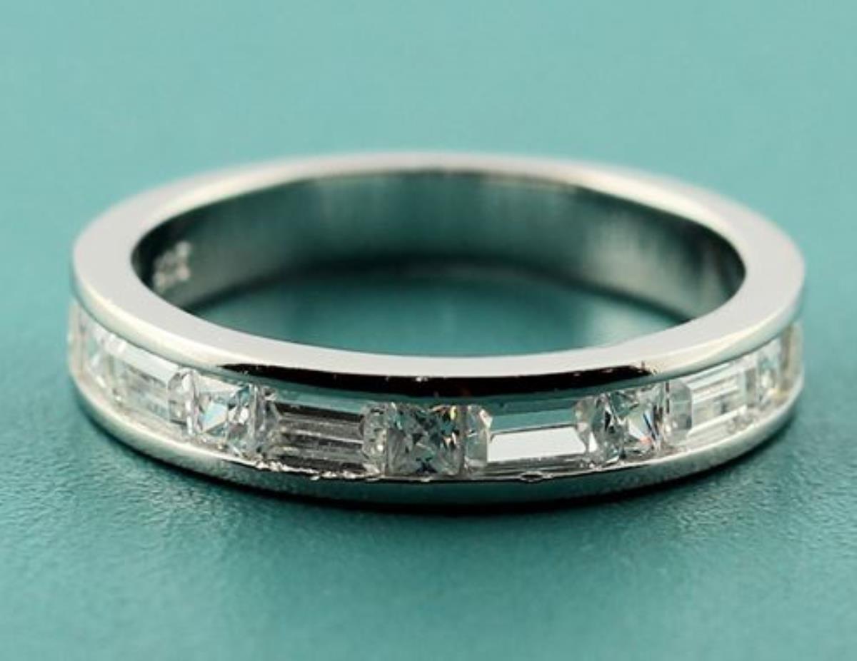 Sterling Silver Rhodium Baguette and Princess Anniversary Band Ring