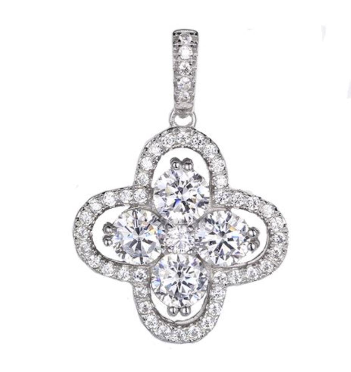 Sterling Silver Rhodium Four Leaf Clover Fashion CZ Pendant