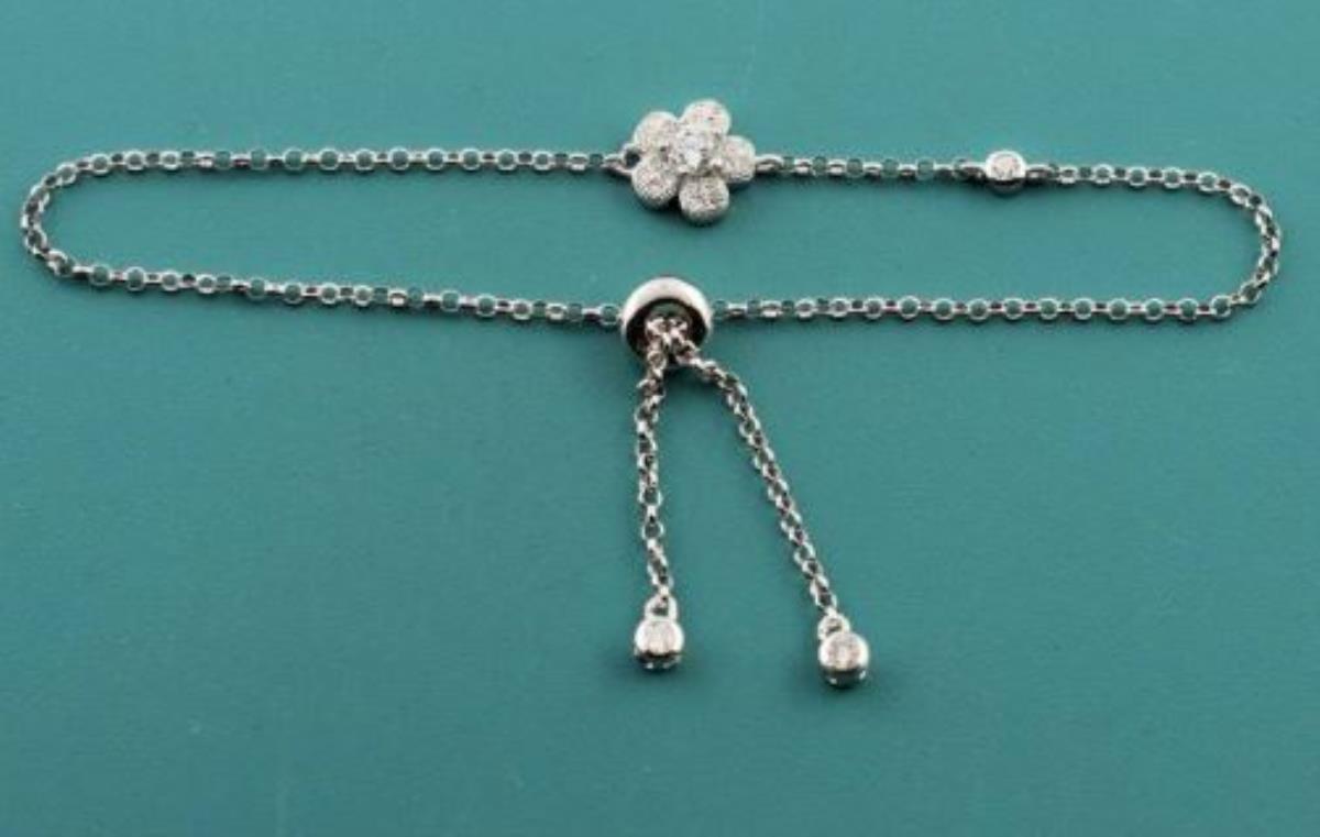 Sterling Silver Rhodium Flower Adjustable Bracelet