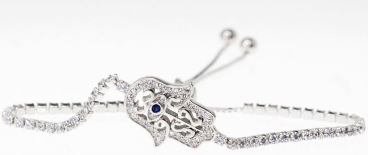 Sterling Silver Rhodium Blue Sapphire and CZ Hamsa Adjustable Tennis Bracelet