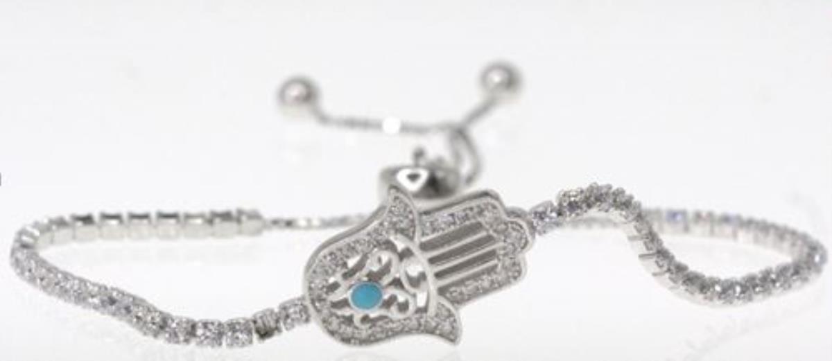 Sterling Silver Rhodium Turquoise and CZ Hamsa Adjustable Tennis Bracelet