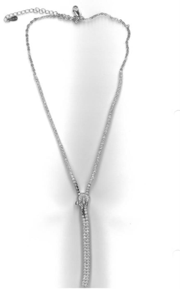 Sterling Silver Rhodium Pave Zipper Tennis Necklace with 2" Extension