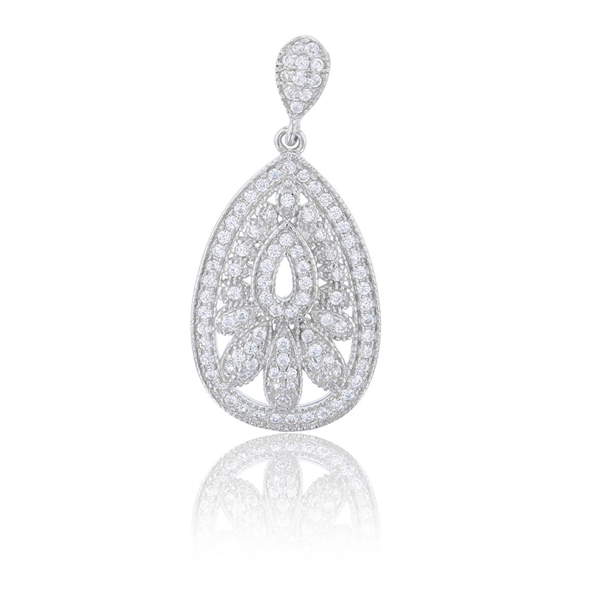 Sterling Silver Rhodium Milgrain Teardrop Pendant