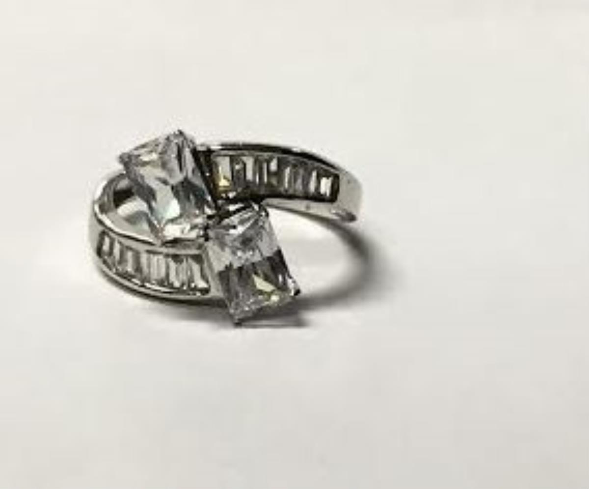 Sterling Silver 5x7mm Radiant Two Stone Ring with Baguette band