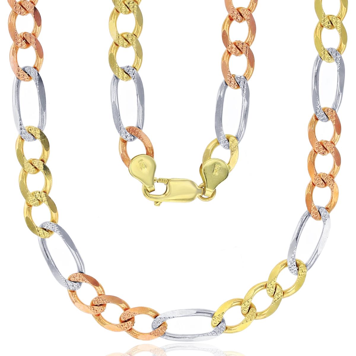 14K Gold Tricolor Pave 7.30MM 26" Figaro 180 Chain