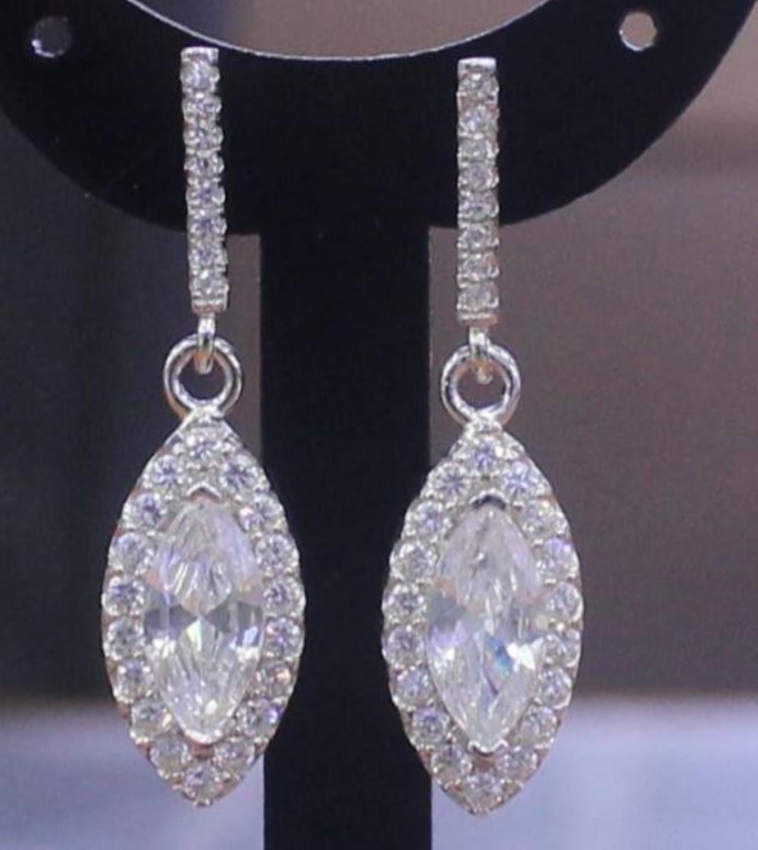 Sterling Silver Rhodium Marquise CZ Halo Dangle Earring
