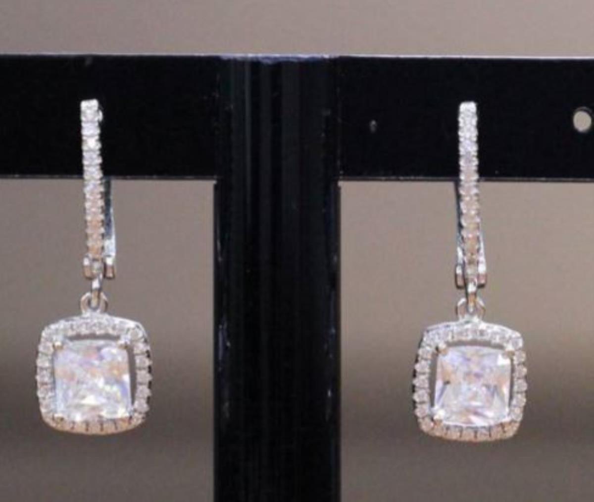 Sterling Silver Pave Cushion Cut Dangling Earrings