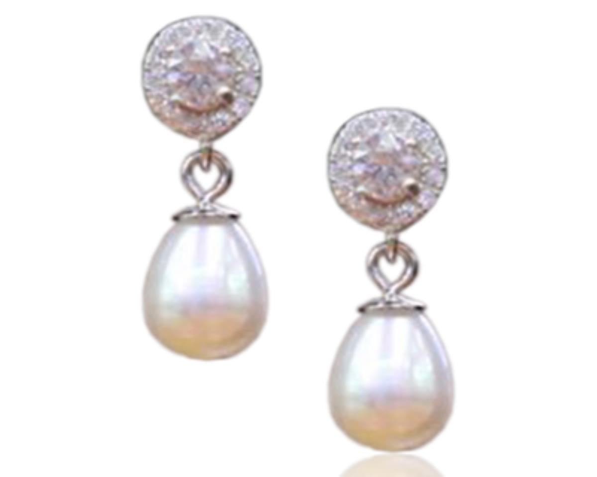 Sterling Silver Rhodium Pearl with Round CZ Halo Classic Dangle Earring