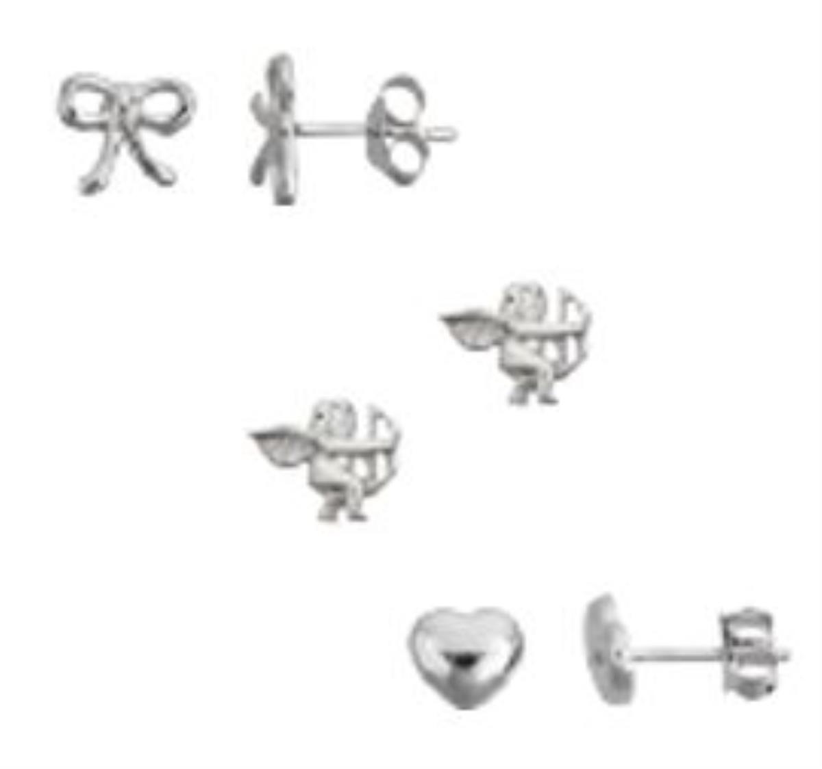 Sterling Silver Rhodium Bow, Cupid, Heart Set