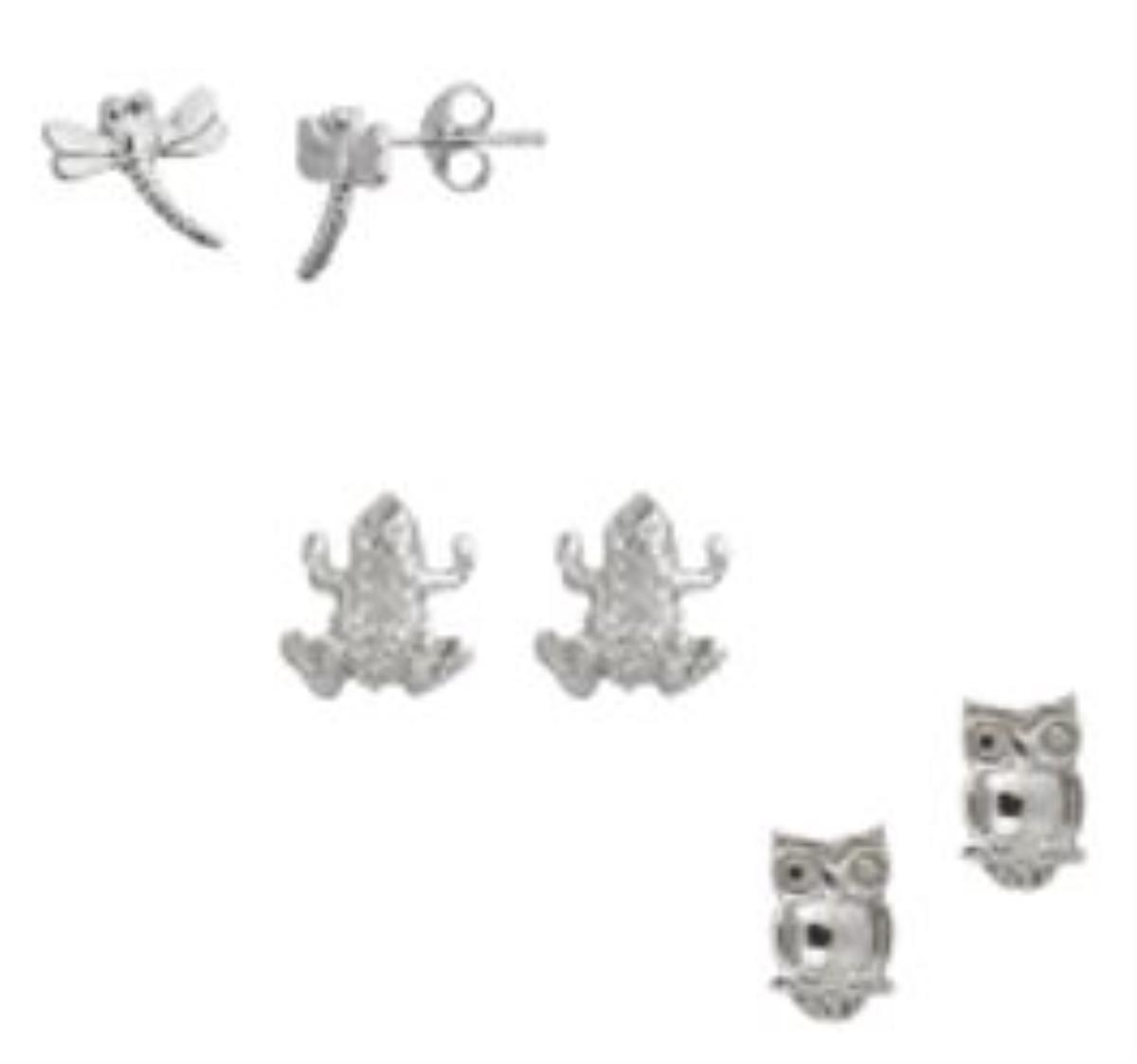 Sterling Silver Rhodium Butterfly, Owl, Frog Stud Set