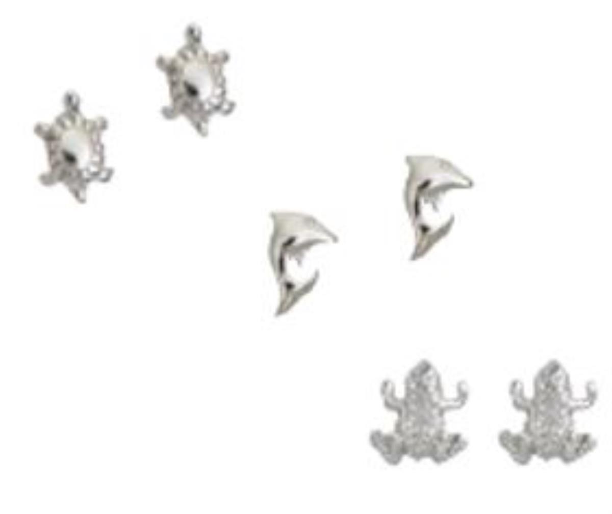 Sterling Silver Rhodium Turtle, Dolphin, Frong Stud Set