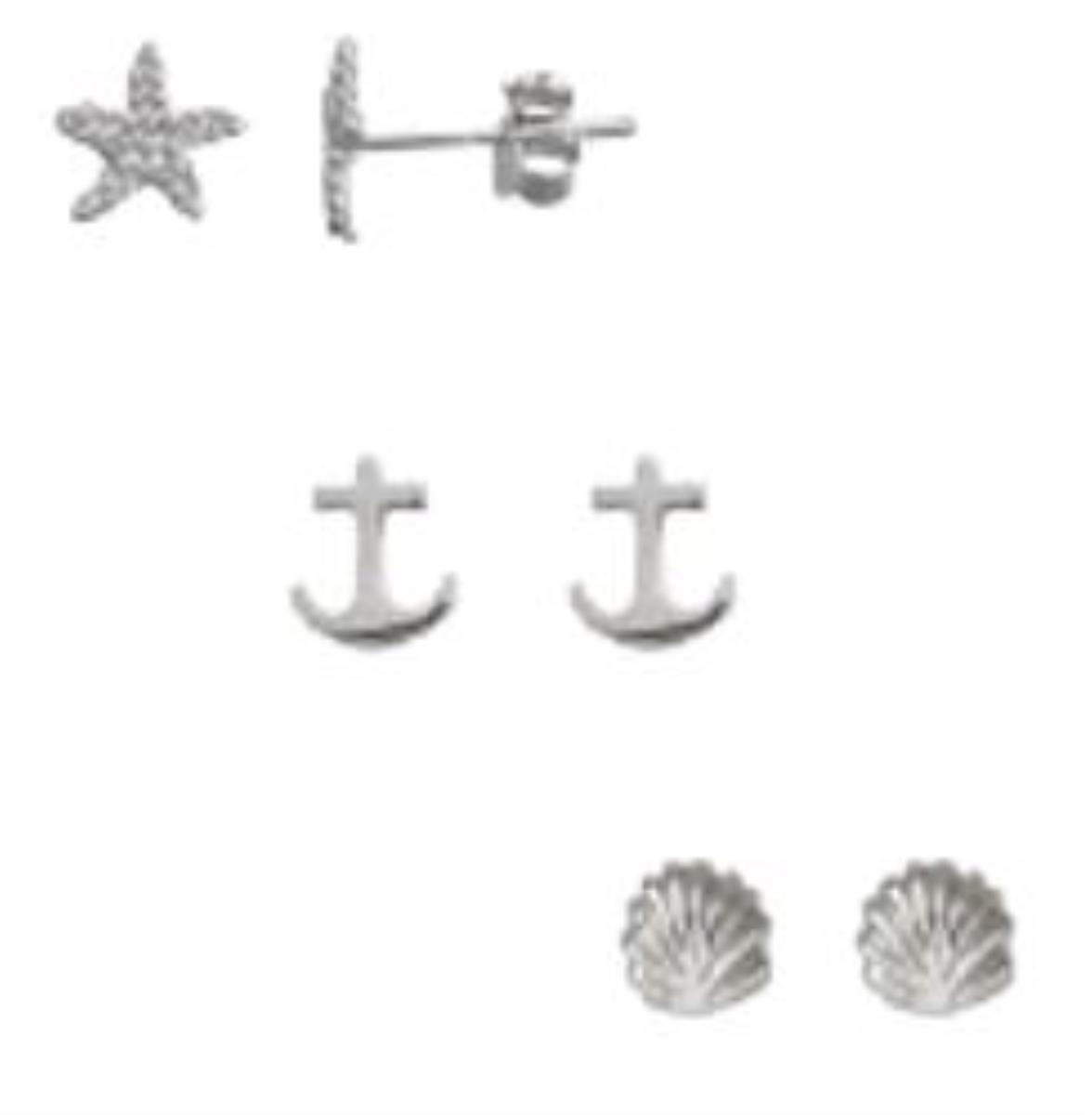 Sterling Silver Rhodium Shell, Anchor, Dolphin Stud Set
