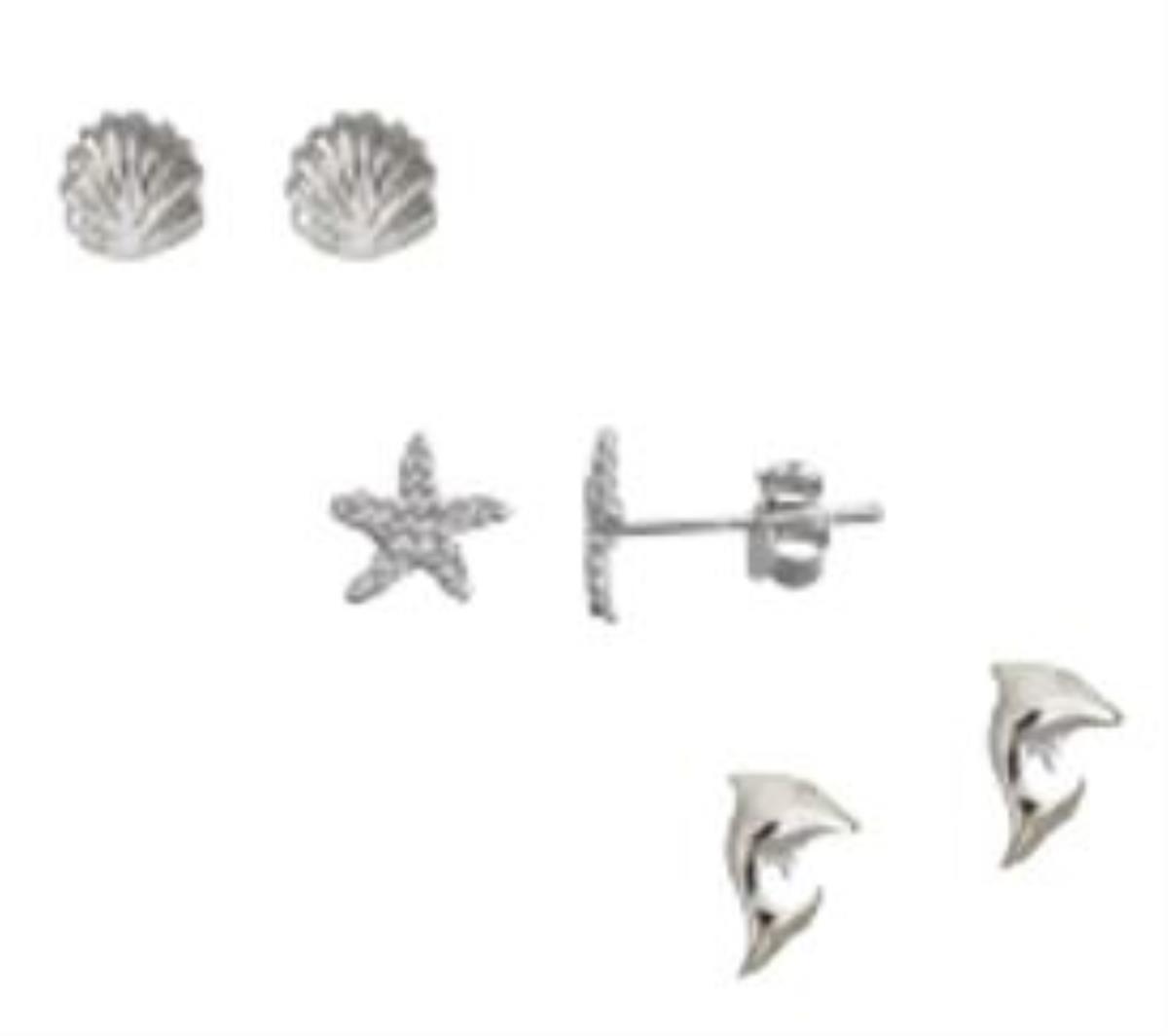 Sterling Silver Rhodium Shell, Starfish, Dolphin Stud Set
