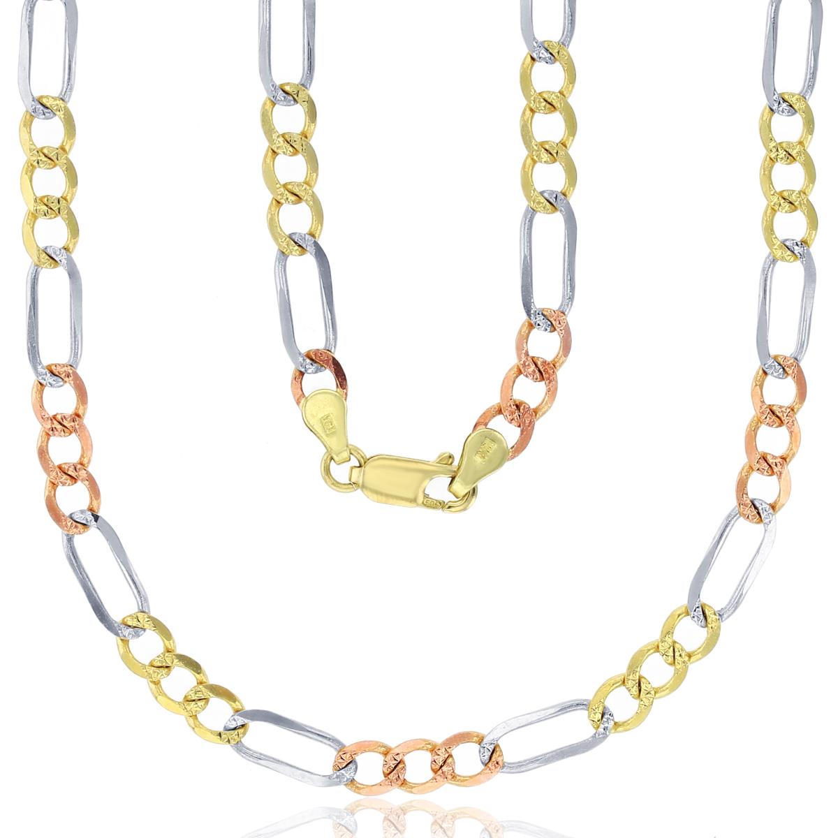 14K Gold Tricolor Pave 5MM 22" Figaro 120 Chain