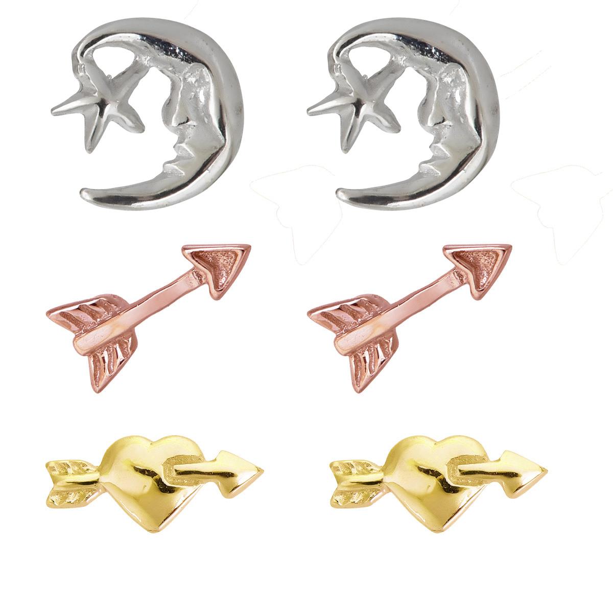 Sterling Silver Tricolor Moon,Arrow and Cupid Heart Stud Set Kit