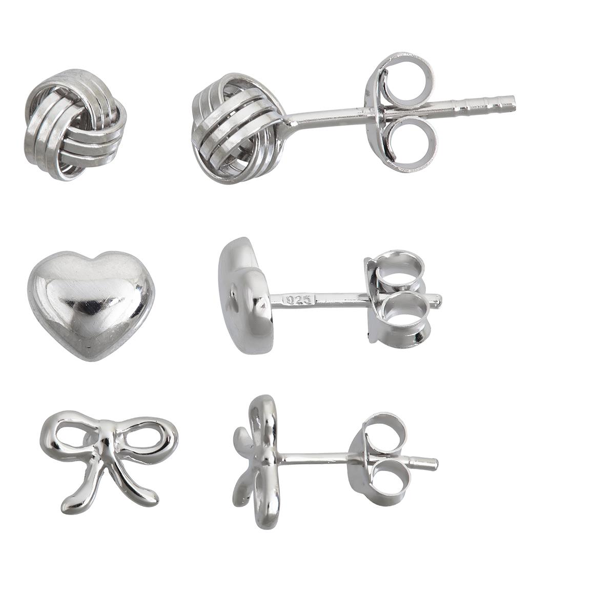 Sterling Silver Rhodium Love Knot, Heart and Ribbon Stud Set Kit