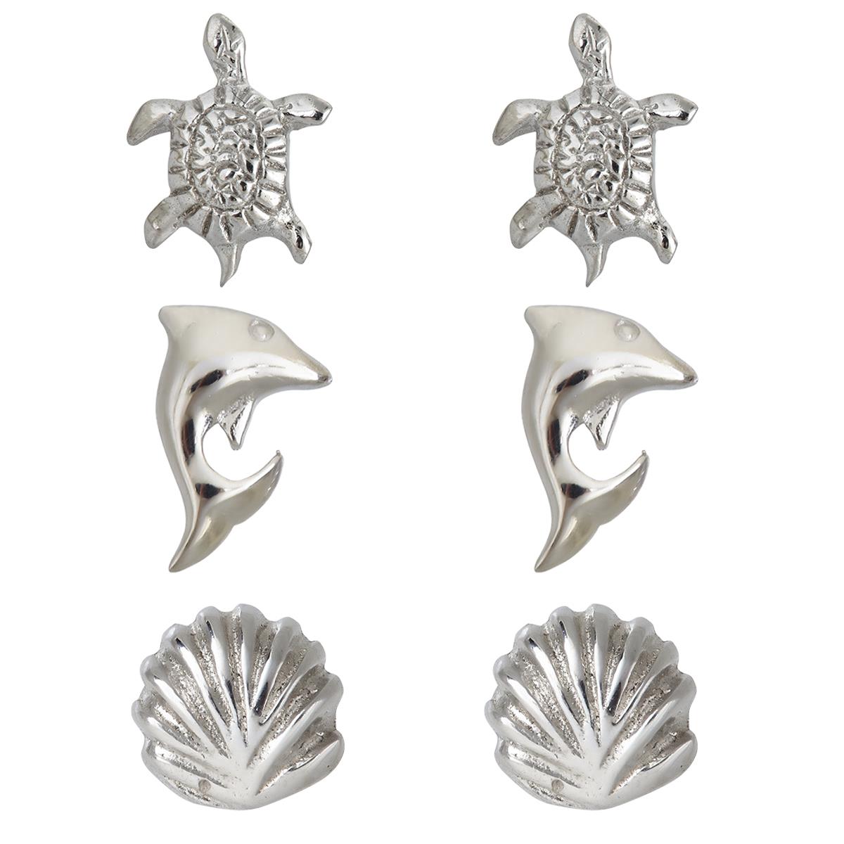 Sterling Silver Rhodium Shell, Turtle and Dolphin Stud Set