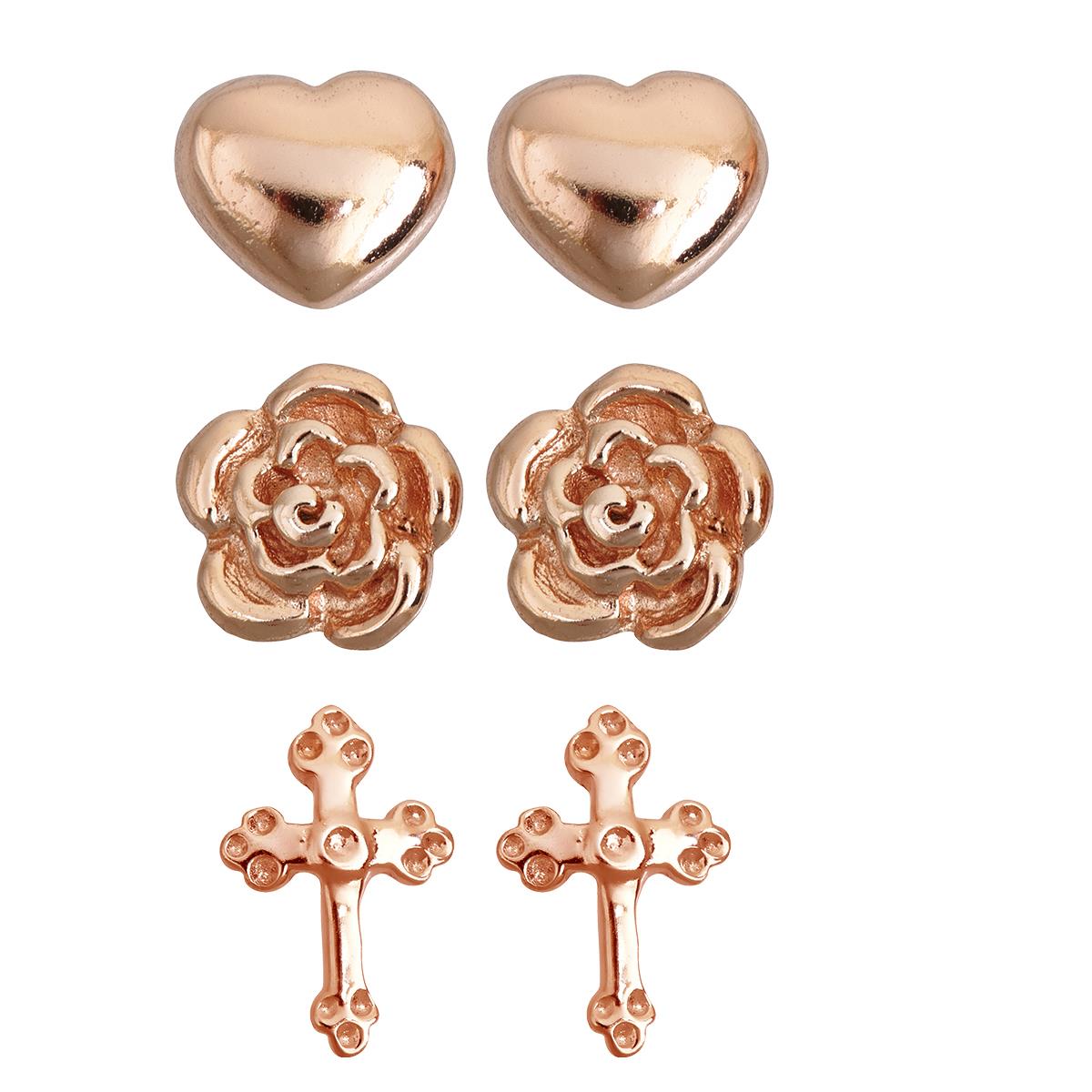 Sterling Silver Rose Heart, Flower and Cross Stud Set