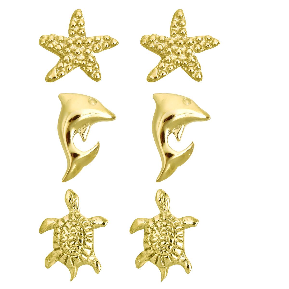 Sterling Silver Yellow Starfish, Dolphin and Turtle Stud Set 