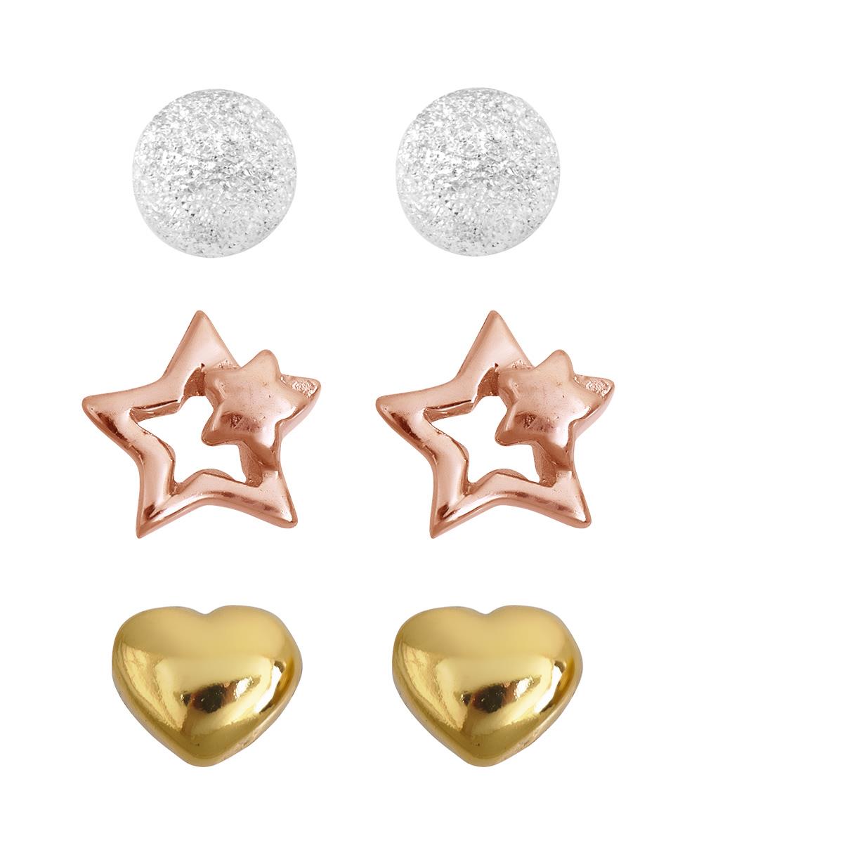 Sterling Silver Tri-Color Ball, Star and Heart Stud Set Kit