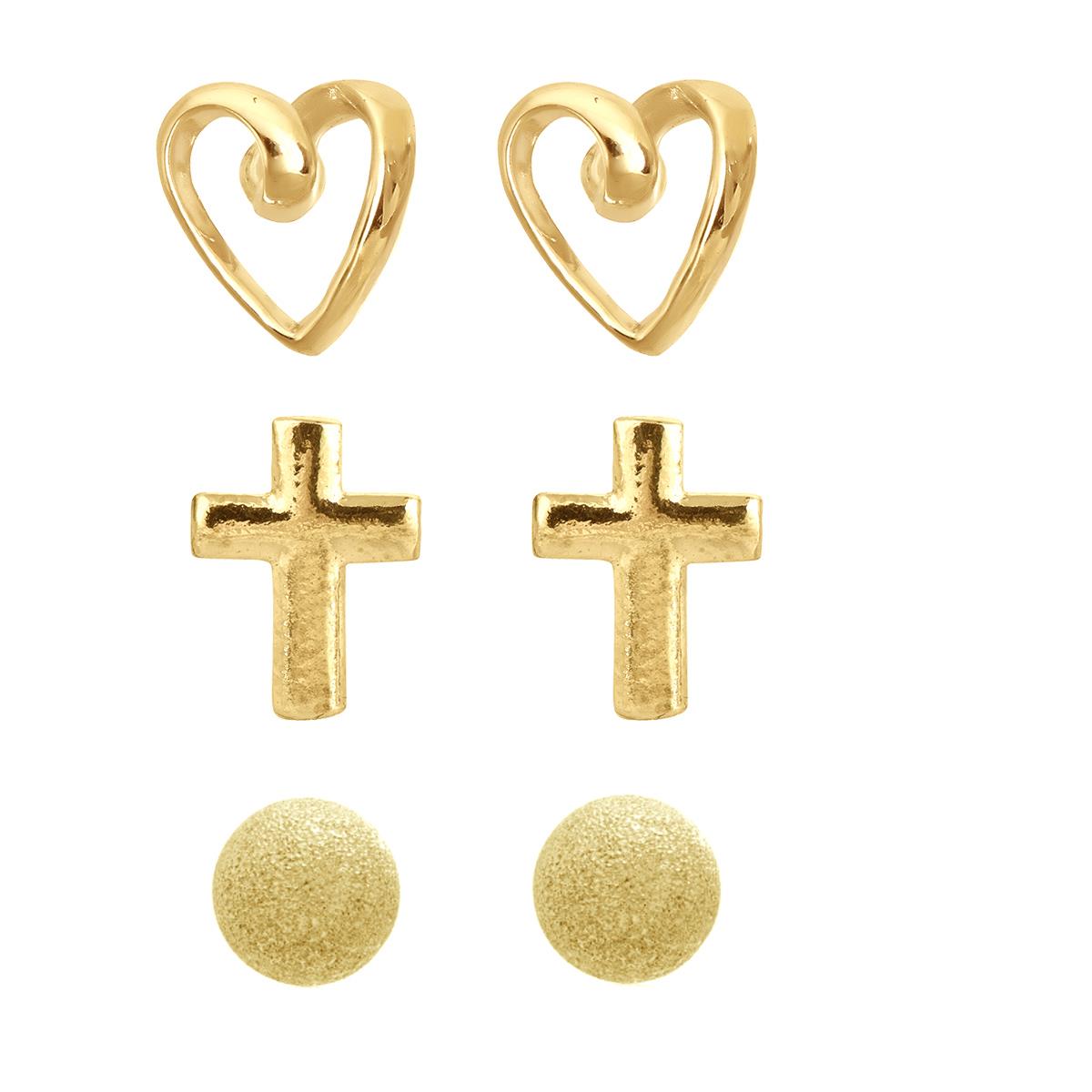 Sterling Silver Yellow Ball, Cross and Open Heart Stud Set Kit