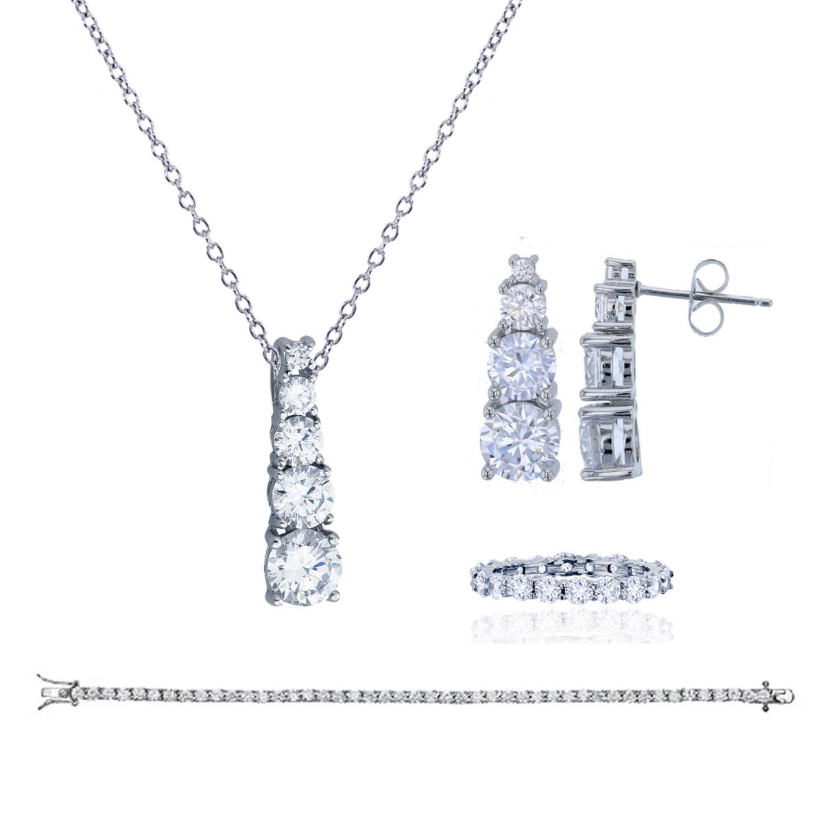 Sterling Silver Rhodium Round CZ Jewelry Set