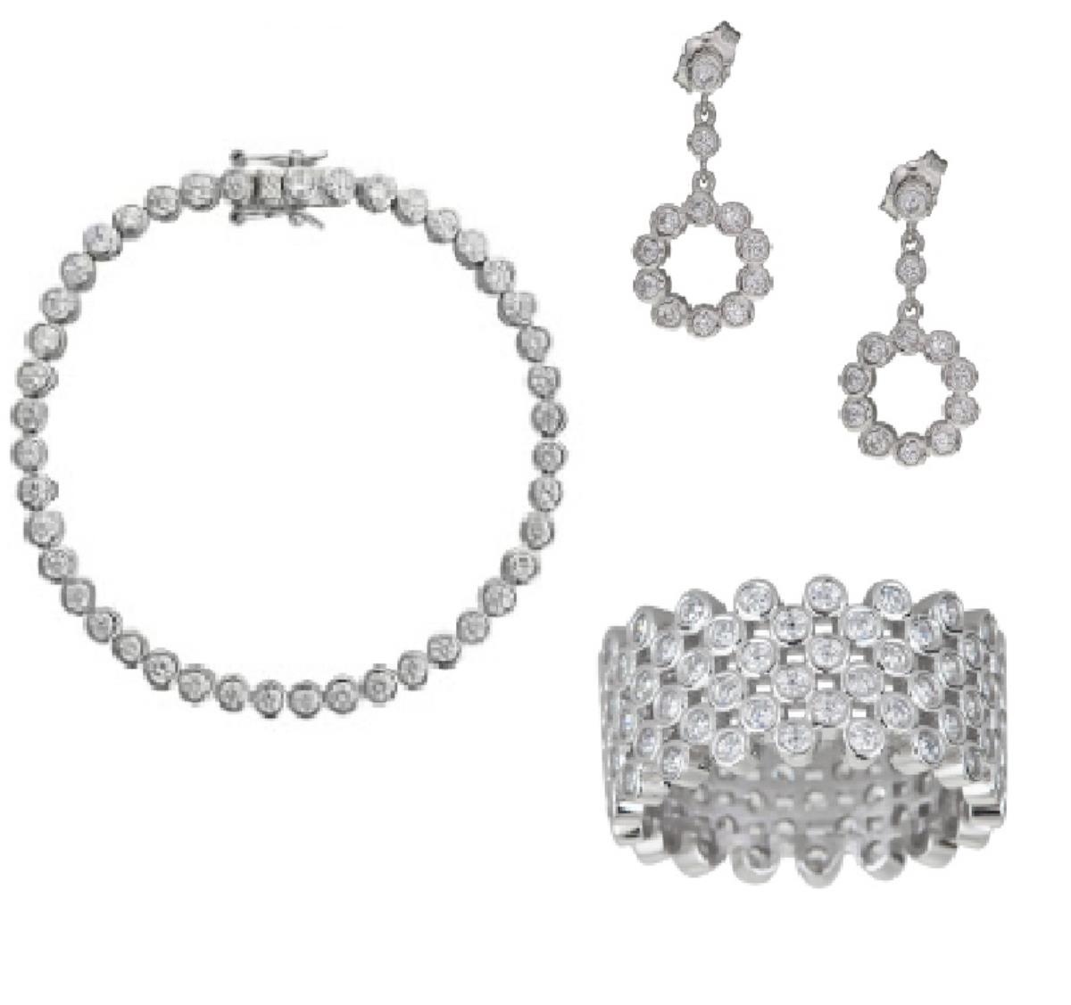 Sterling Silver Rhodium 7" Round Bezel Set Bracelet, Dangling Earrings, & Ring Set