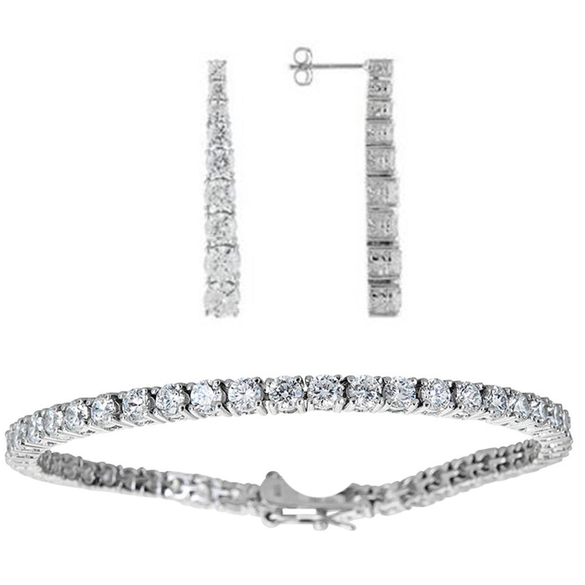 Sterling Silver Rhodium 7.5" Tennis Bracelet & Earring Set 