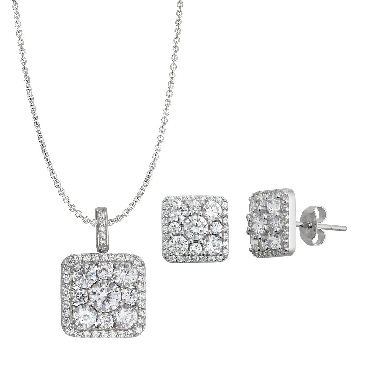 Sterling Silver Rhodium Square Cluster Necklace and Earring Set
