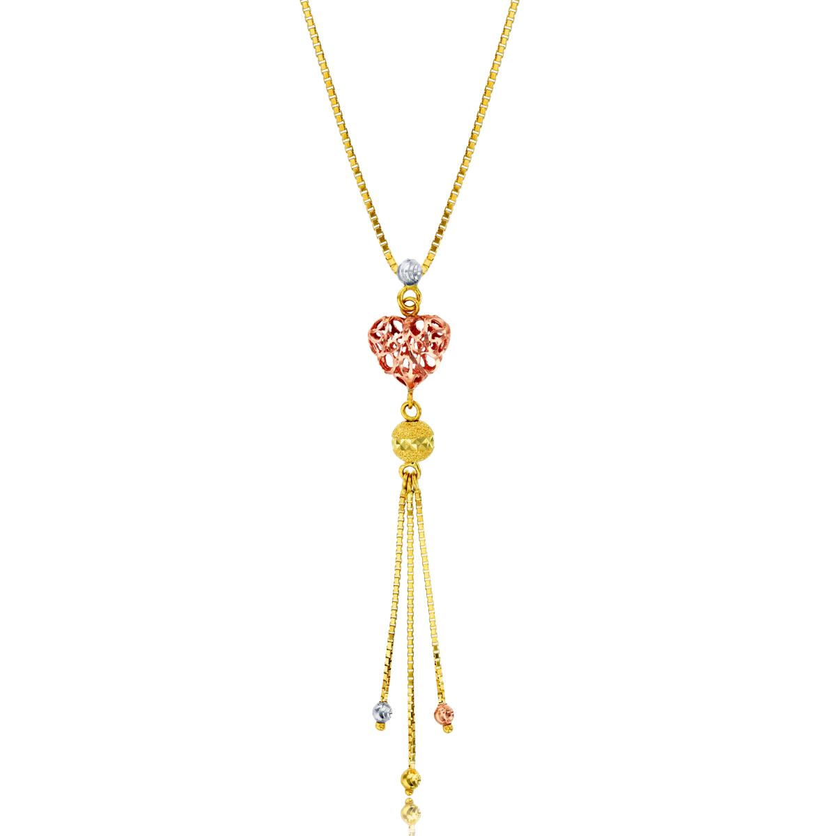 14K Tricolor Gold Heart and Bead Dangle 17" Necklace