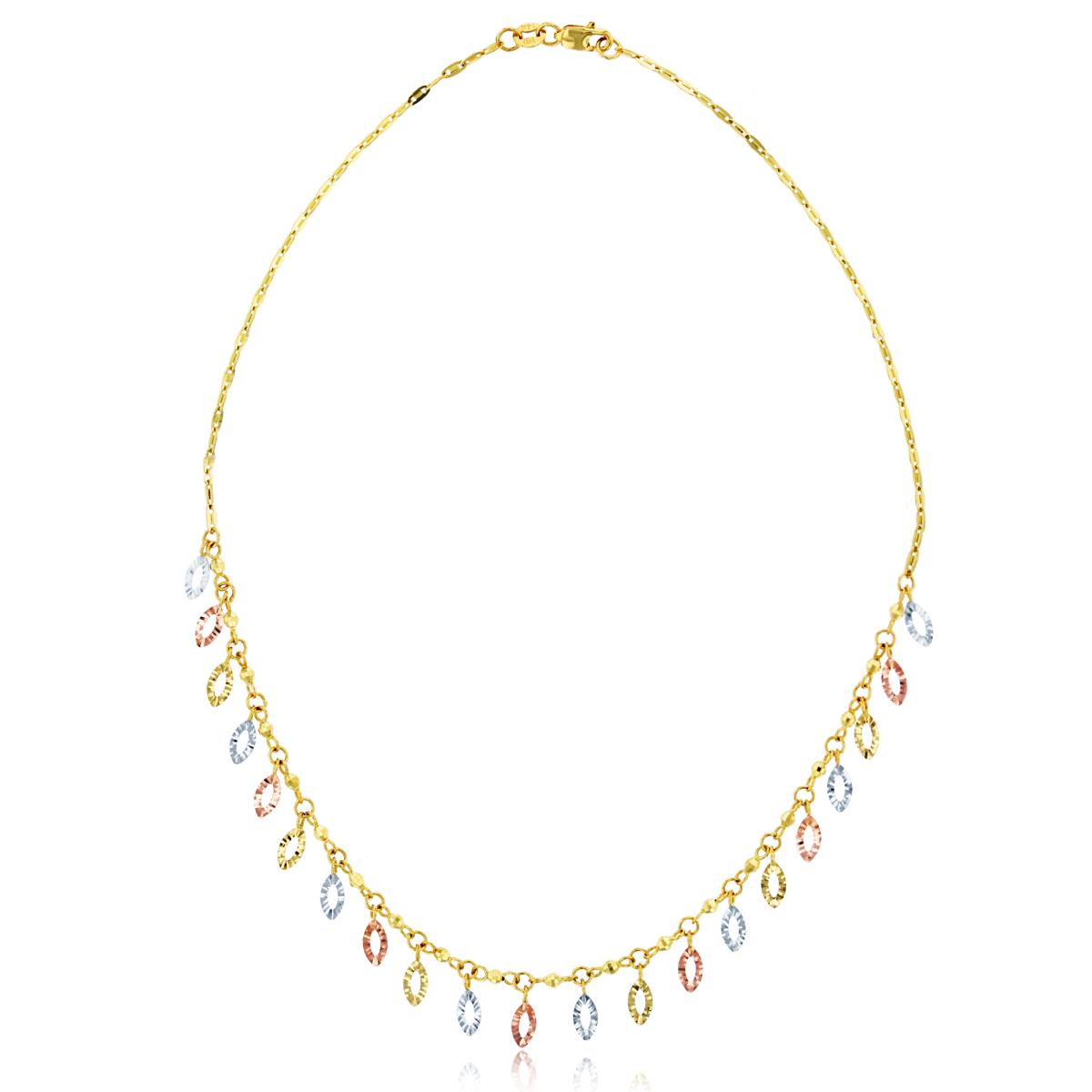 14K Tri-color Gold Textured Open Left Shaped 17" Necklace