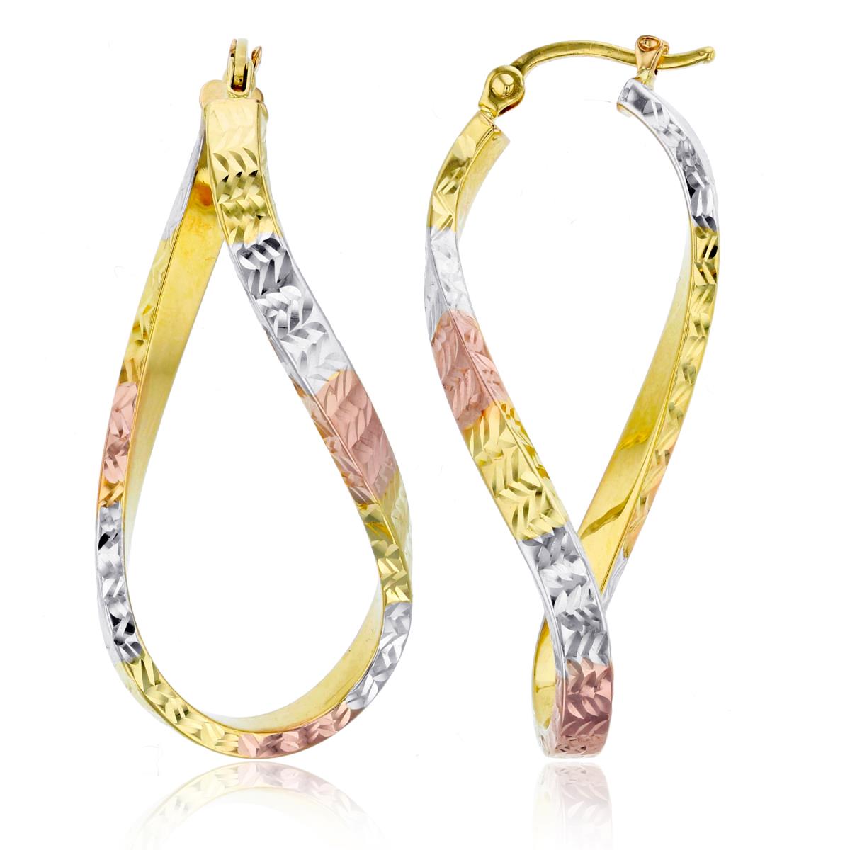 14K Tri-color Gold Diamond Cut Twisted Oval Hoop Earring