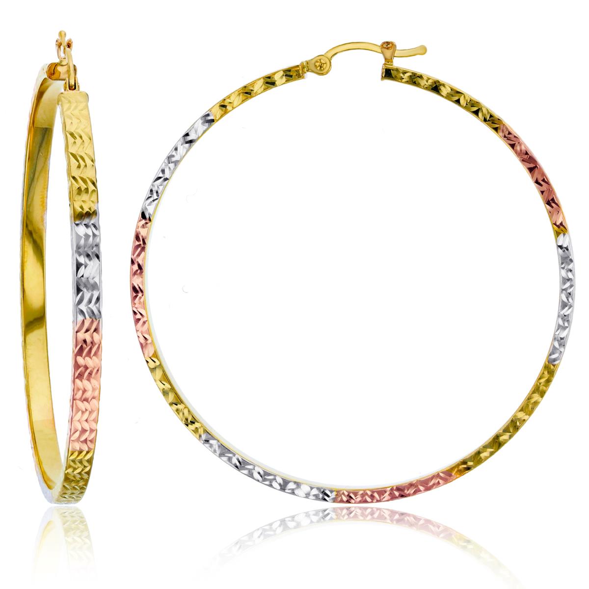 14K Tri-color Gold Diamond Cut 3x50mm Hoop Earrings
