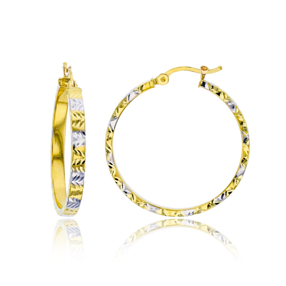 14K Two-Tone Gold Diamond Cut 3x30mm Hoop Earrings