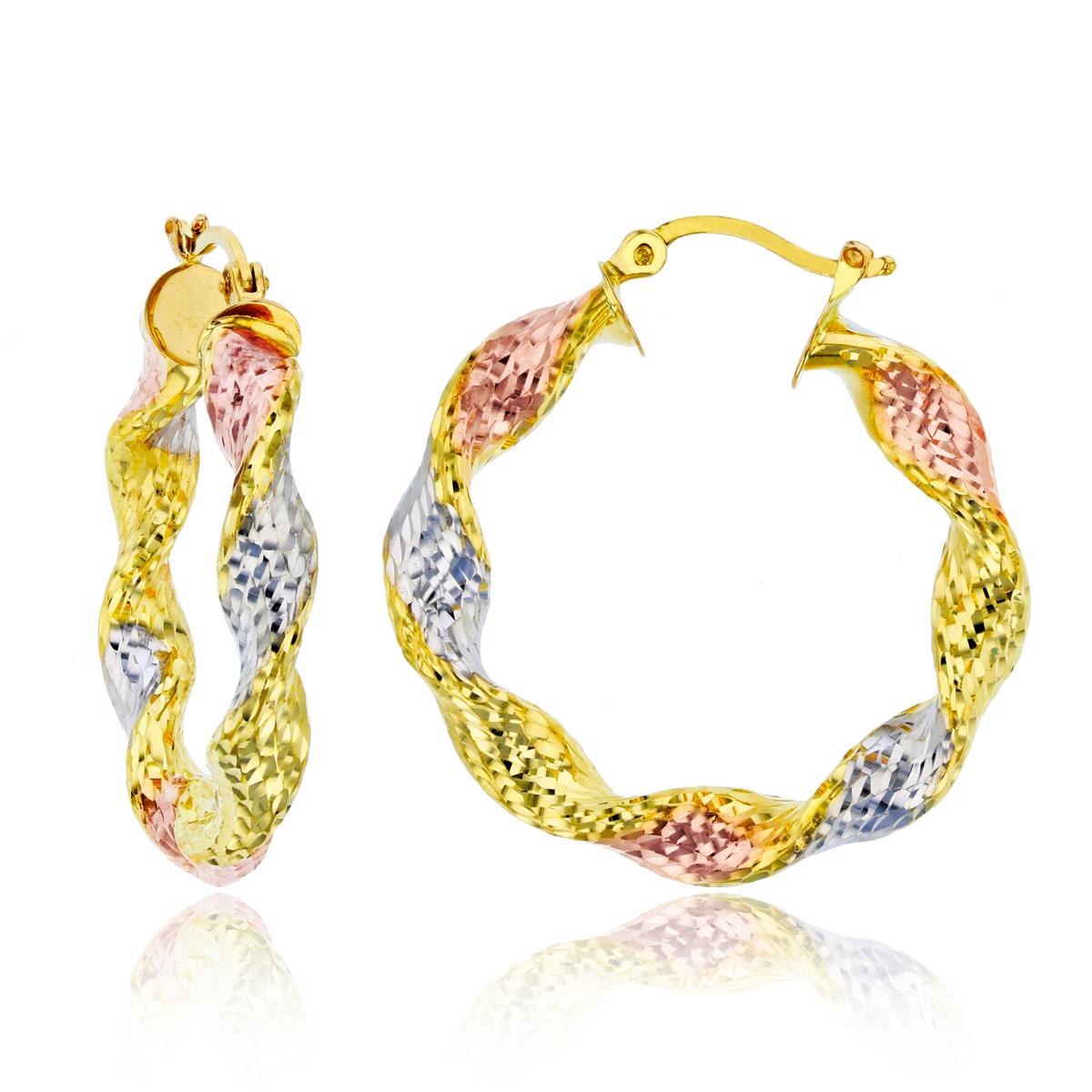 14K Tri-color Gold Twisted Dia-cut 5x30mm Hoop Earring