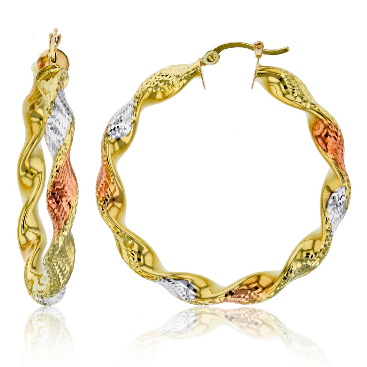 14K Tri-color Gold Twisted Dia-cut 5x40mm Hoop Earring