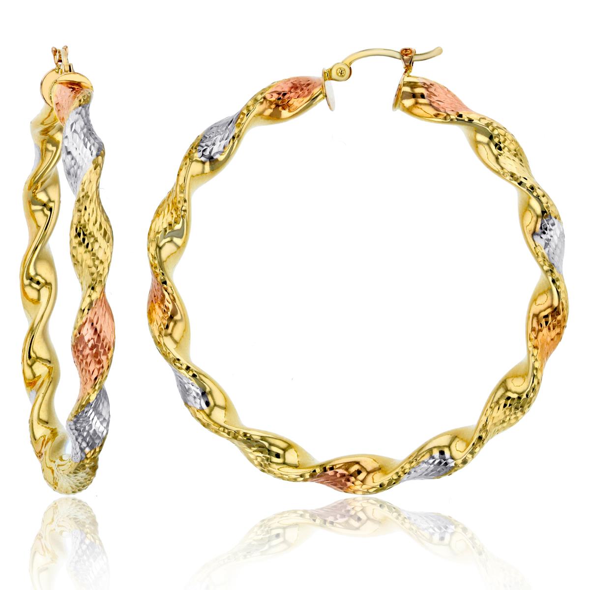 14K Tri-color Gold Twisted Dia-cut 5x50mm Hoop Earring