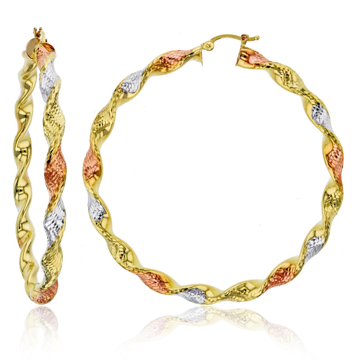 14K Tri-color Gold Twisted Dia-cut 5x60mm Hoop Earring