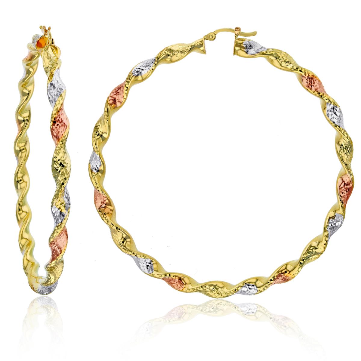 14K Tri-color Gold Twisted Dia-cut 5x70mm Hoop Earring