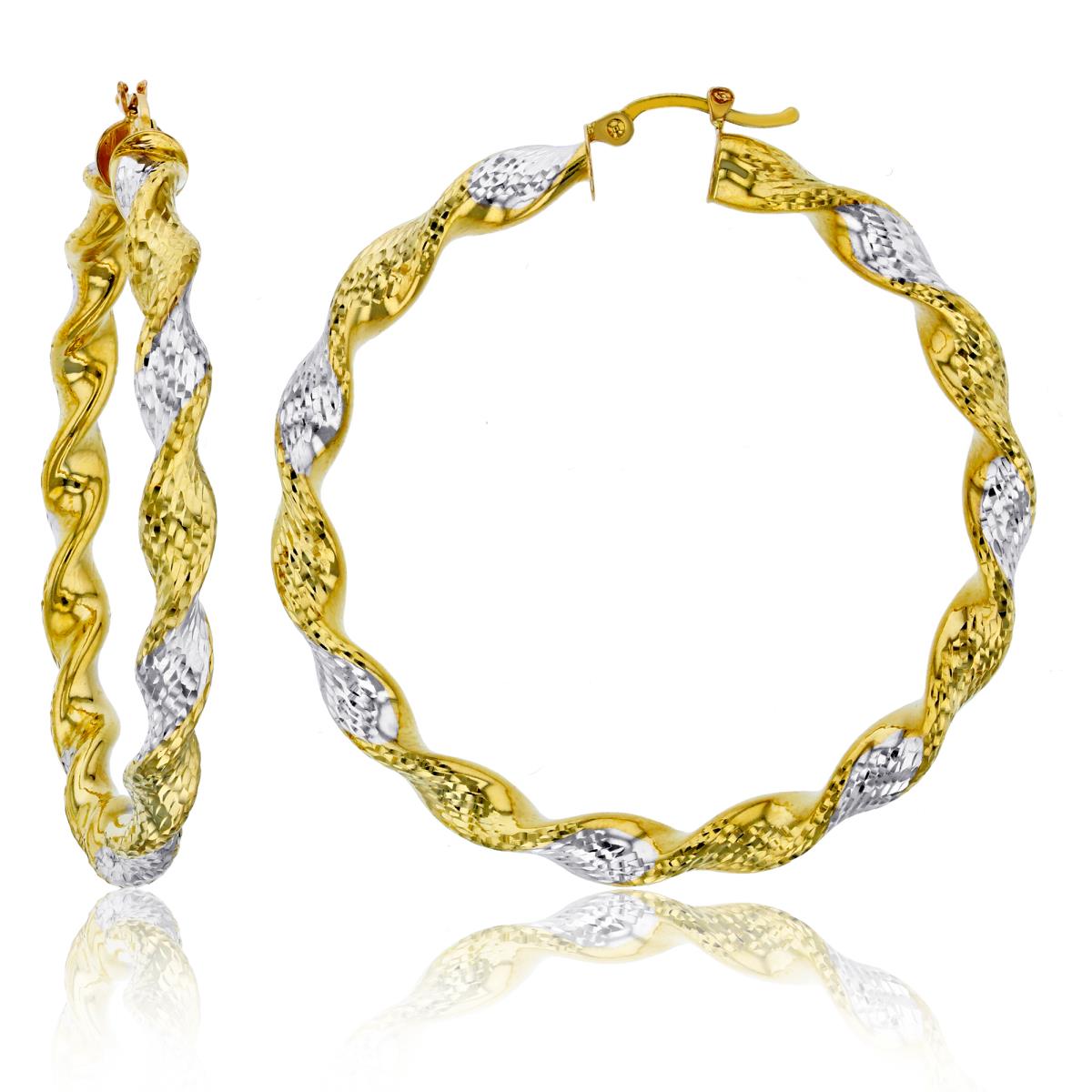 14K Two-Tone Twisted Dia-cut 5x50mm Hoop Earring