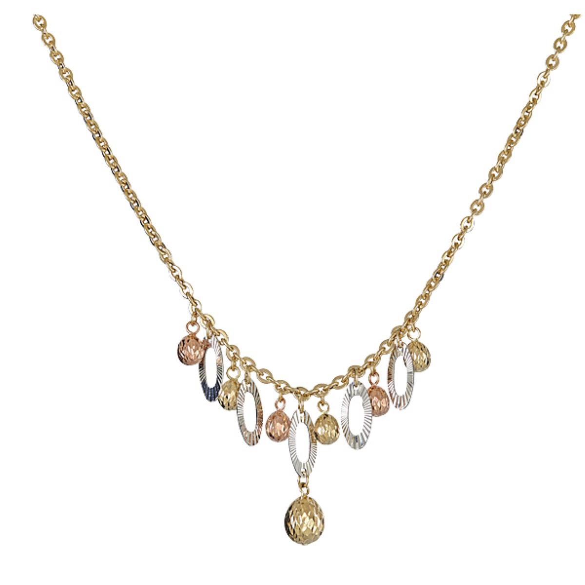 14K Tri-color Gold Diamond Cut Ball and Open Oval 17" Necklace