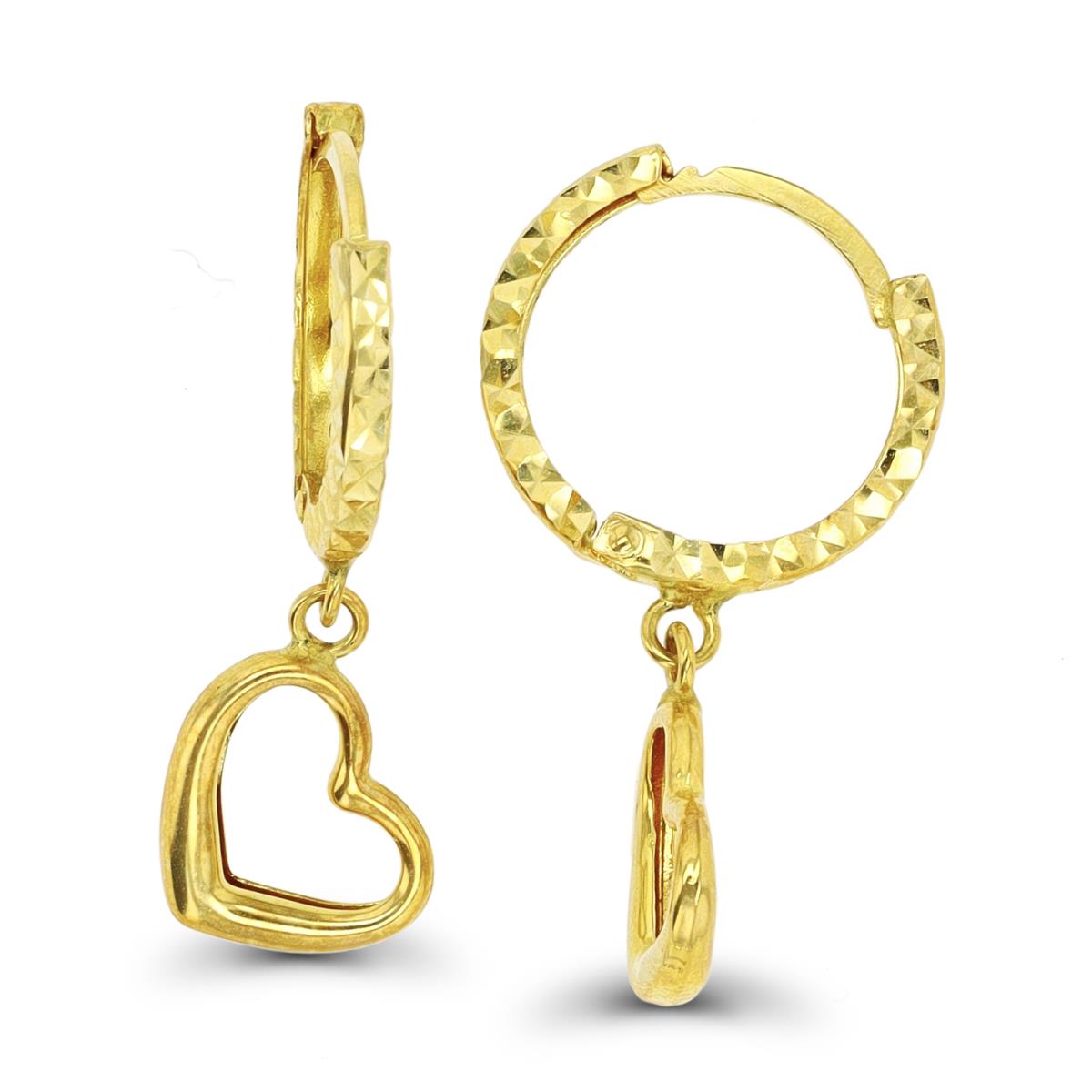 14K Yellow Gold Diamond Cut Open Heart Dangling Huggie Earring